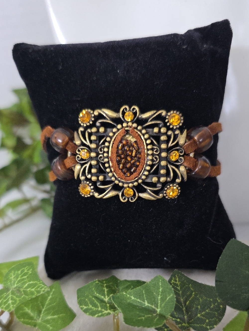 Boho Bronze Filigree Suede Wrap Bracelet | Amber Rhinestone